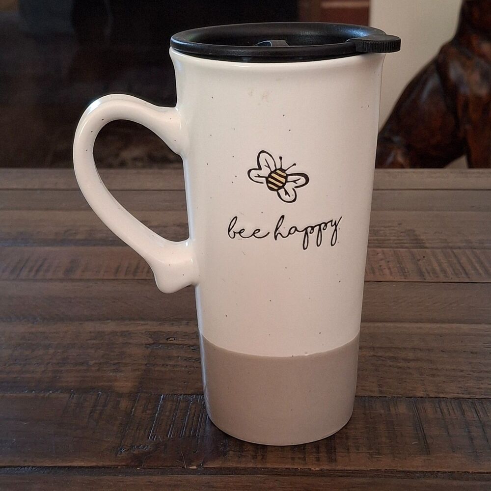Sheffield Home Bee Happy Ceramic Travel Mug w Lid 17 oz Gray White NEW
